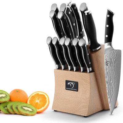 Nanfang Brothers Damascus Kitchen Knife Set with Beechwood Block, 15 Pieces