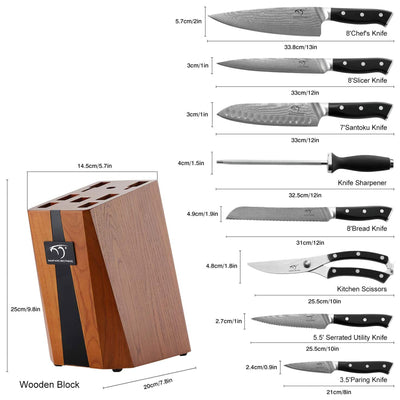 Nanfang Brothers Damascus Kitchen Knife Set with Manchurian Ash Block, 9 Pieces