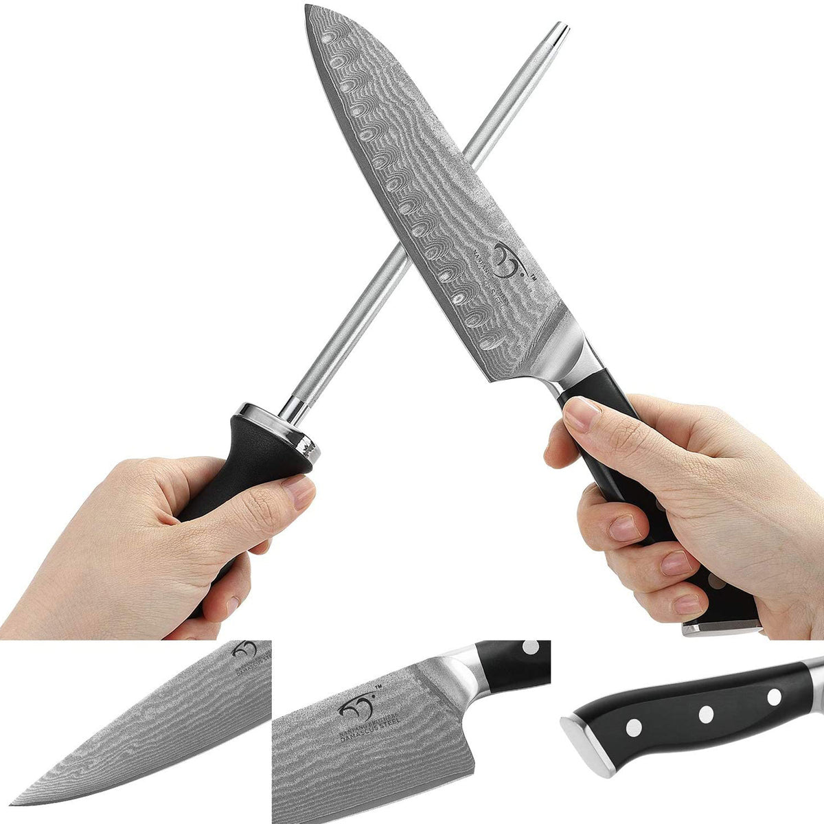 Nanfang Brothers Damascus Kitchen Knife Set with Manchurian Ash Block, 9 Pieces