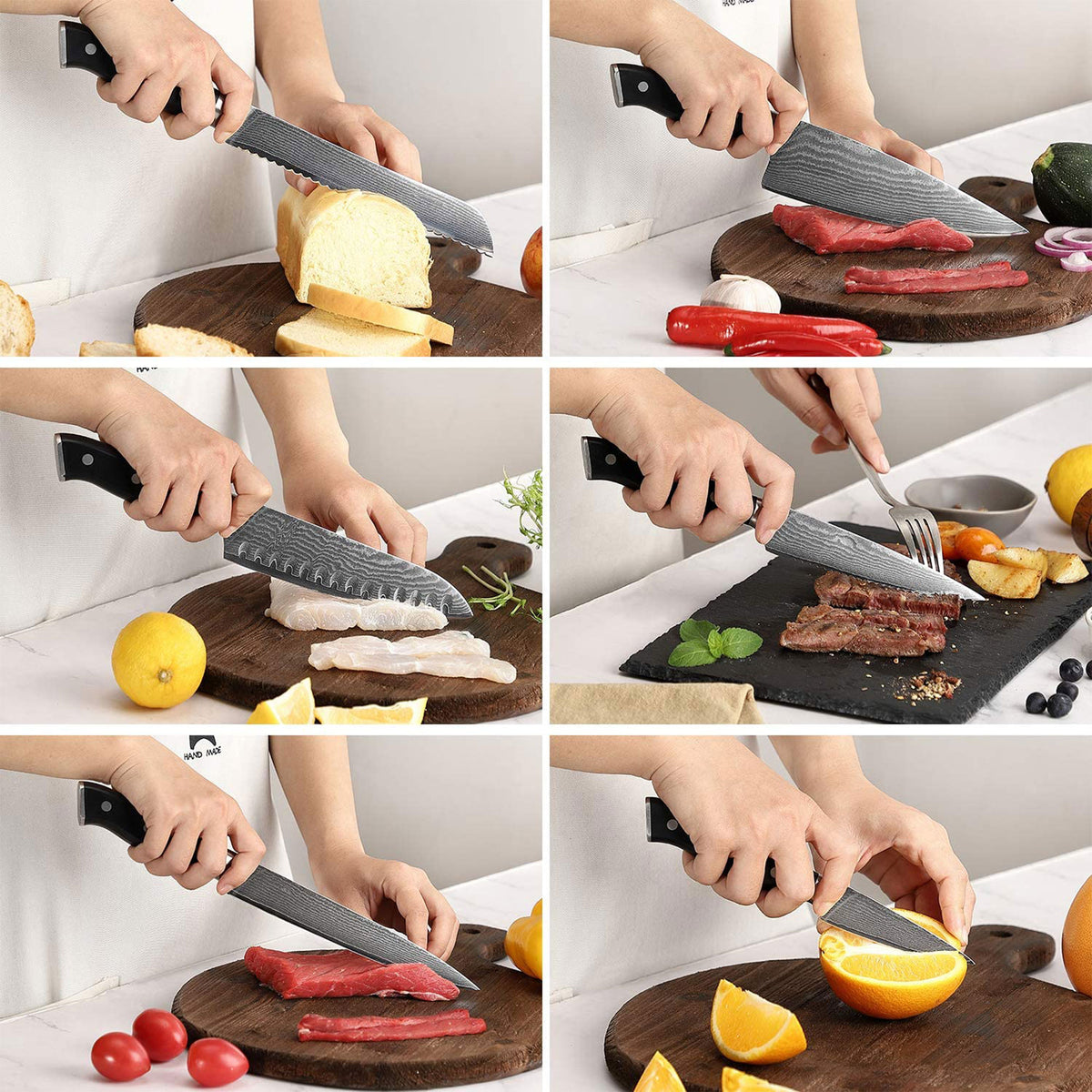 Nanfang Brothers Damascus Kitchen Knife Set with Manchurian Ash Block, 9 Pieces
