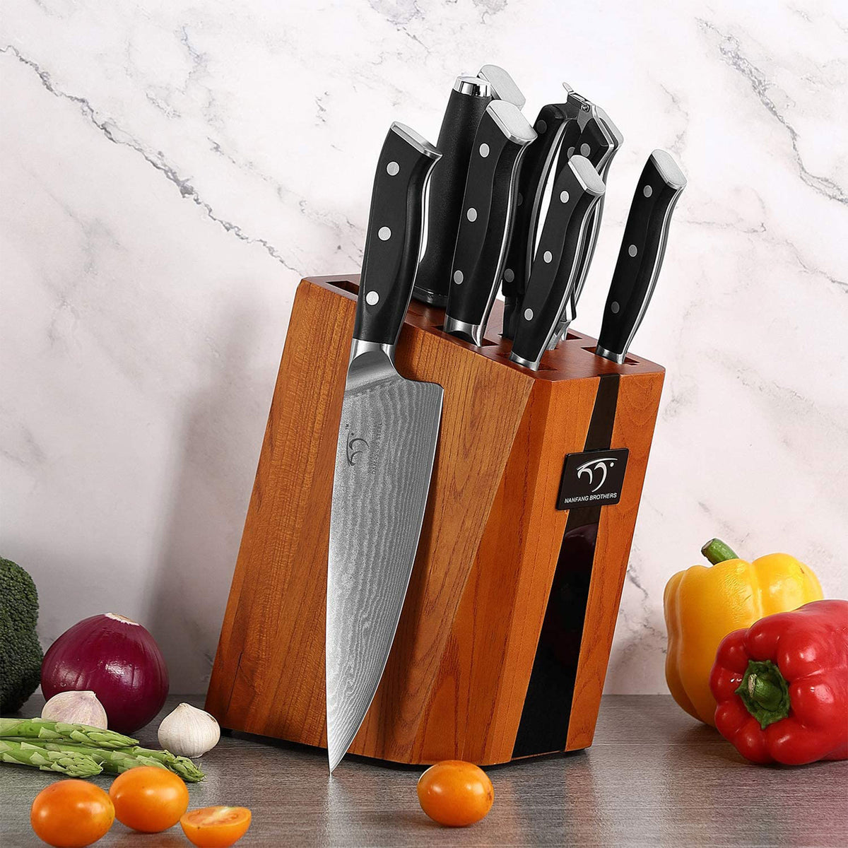 Nanfang Brothers Damascus Kitchen Knife Set with Manchurian Ash Block, 9 Pieces