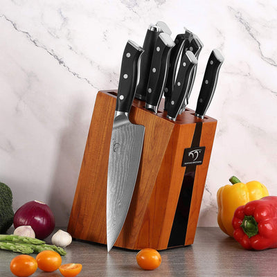 Nanfang Brothers Damascus Kitchen Knife Set with Manchurian Ash Block, 9 Pieces