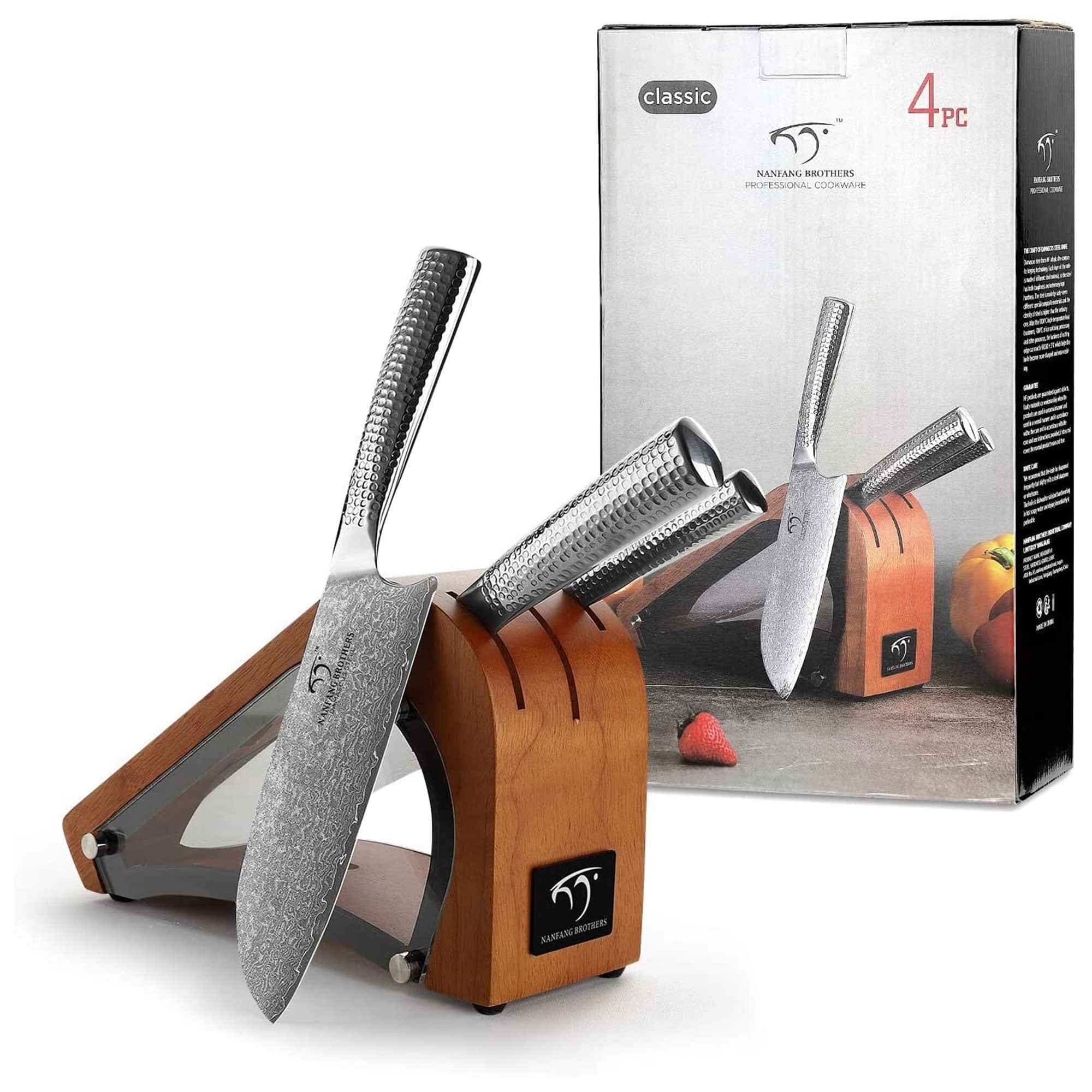 Nanfang Brothers Damascus Kitchen Knife Set with Manchurian Ash Block (Used) - VMInnovations