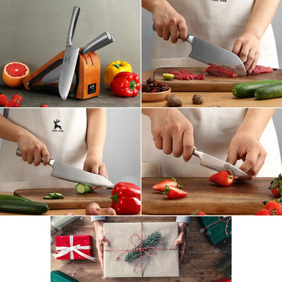 Nanfang Brothers Damascus Kitchen Knife Set with Manchurian Ash Block (Used) - VMInnovations