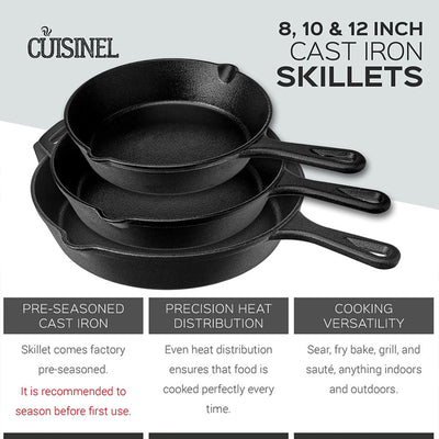 Cuisinel Versatile Seasoned Cast Iron Skillet 3 Sized Cooking Pan Set (Open Box)