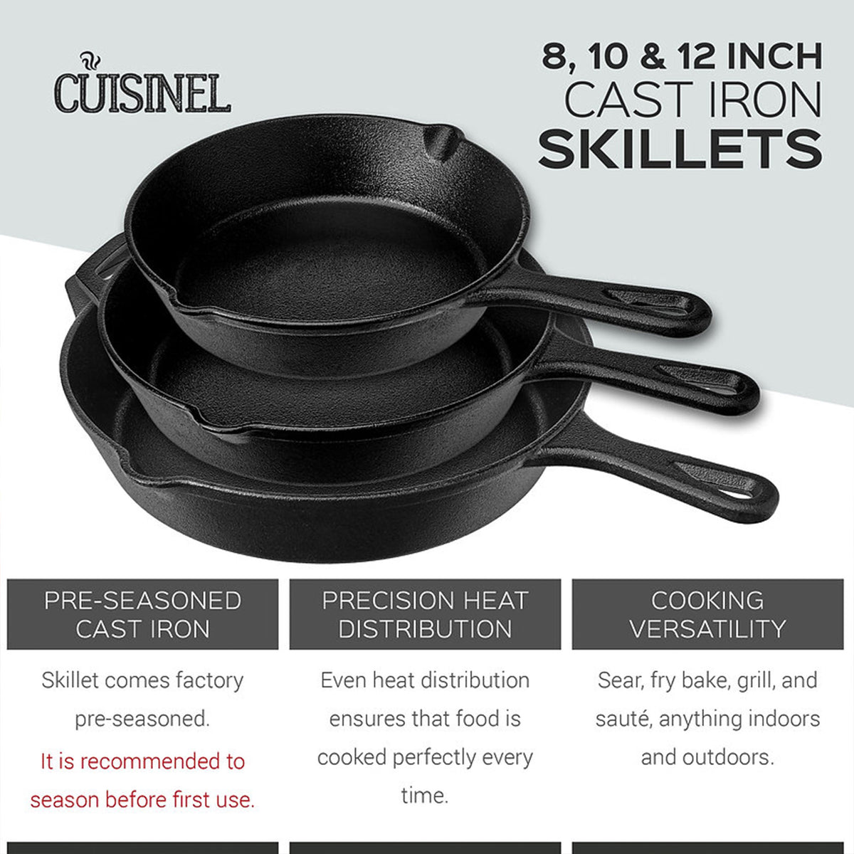 Cuisinel Versatile Pre Seasoned Cast Iron Skillet 3 Multi Sized Cooking Pan Set