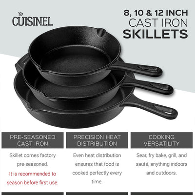 Cuisinel Versatile Pre Seasoned Cast Iron Skillet 3 Multi Sized Cooking Pan Set