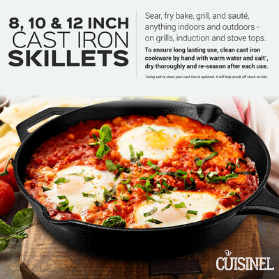Cuisinel Versatile Pre Seasoned Cast Iron Skillet 3 Multi Sized Cooking Pan Set