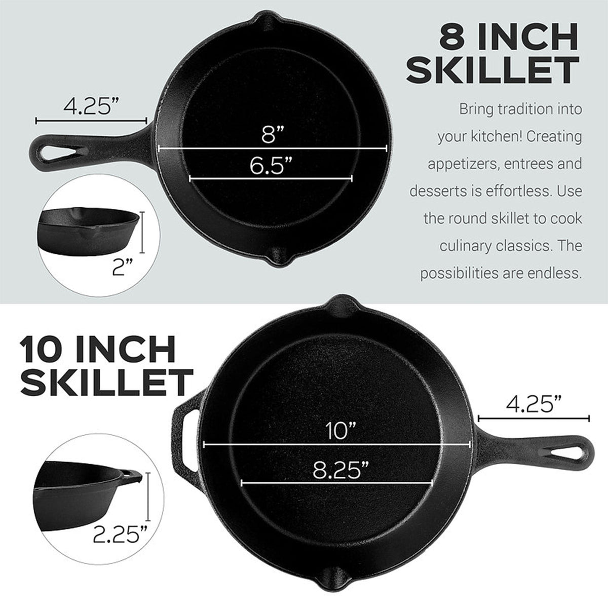 Cuisinel Versatile Pre Seasoned Cast Iron Skillet 3 Multi Sized Cooking Pan Set