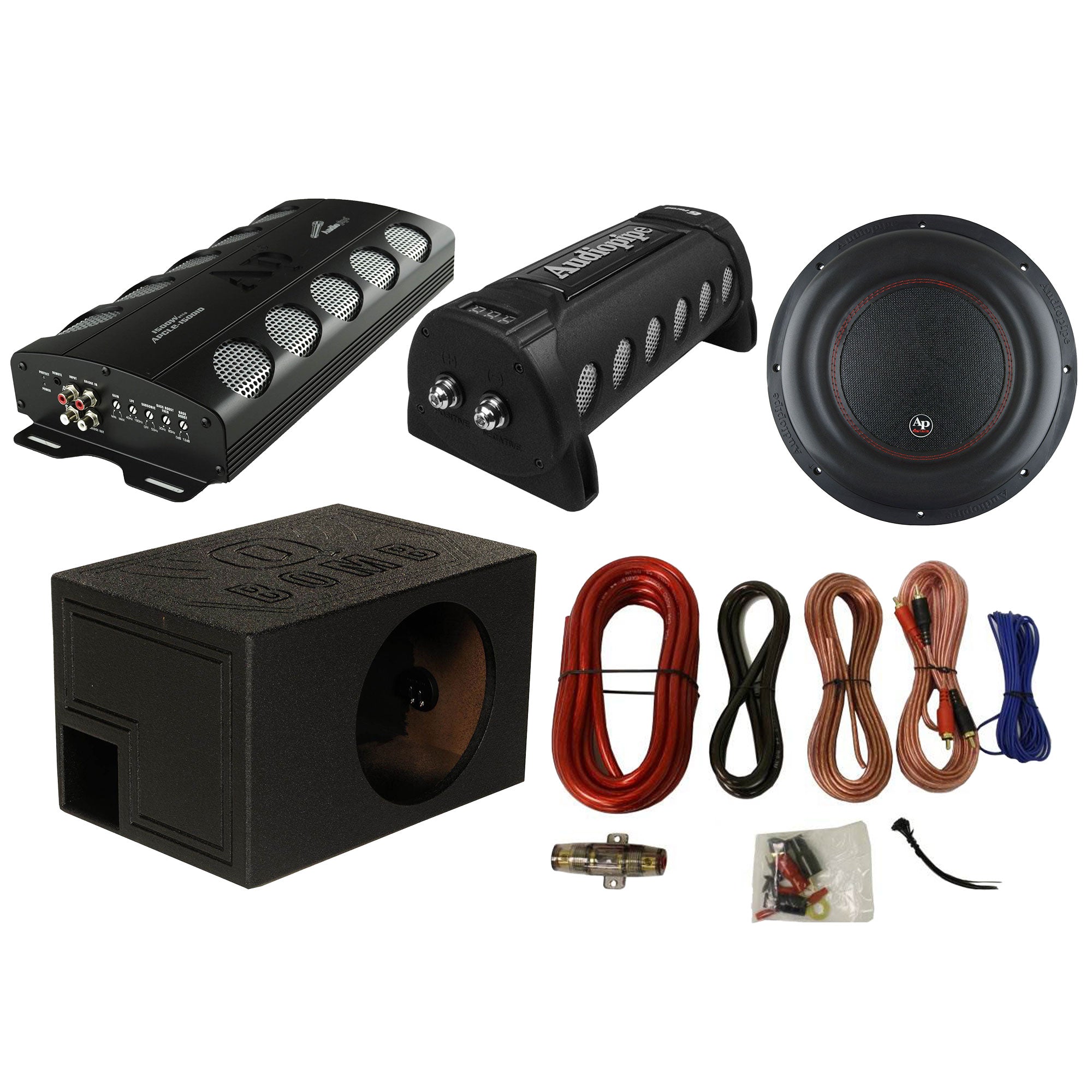 Audiopipe Monoblock Car Stereo Amplifier with Capacitor, Subwoofer, Box, & Kit - VMInnovations