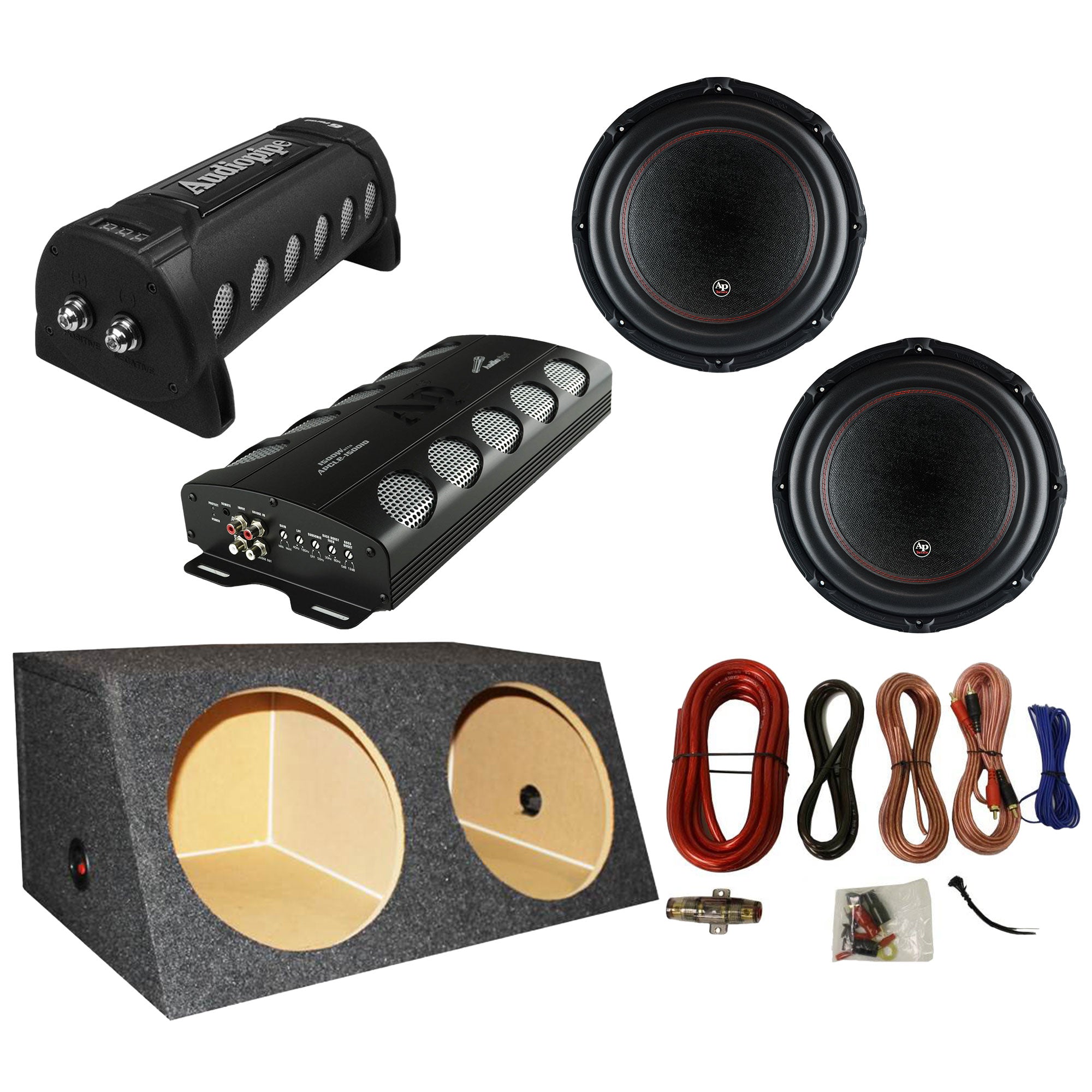 Audiopipe Stereo Amplifier w/ Power Capacitor, 2 Subwoofer, Sub Box, & Wire Kit - VMInnovations