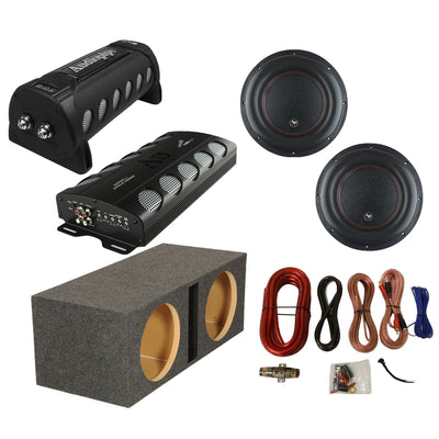 Audiopipe Car Stereo Amplifier w/ Capacitor, 2 Subwoofers, Sub Box, and Wire Kit