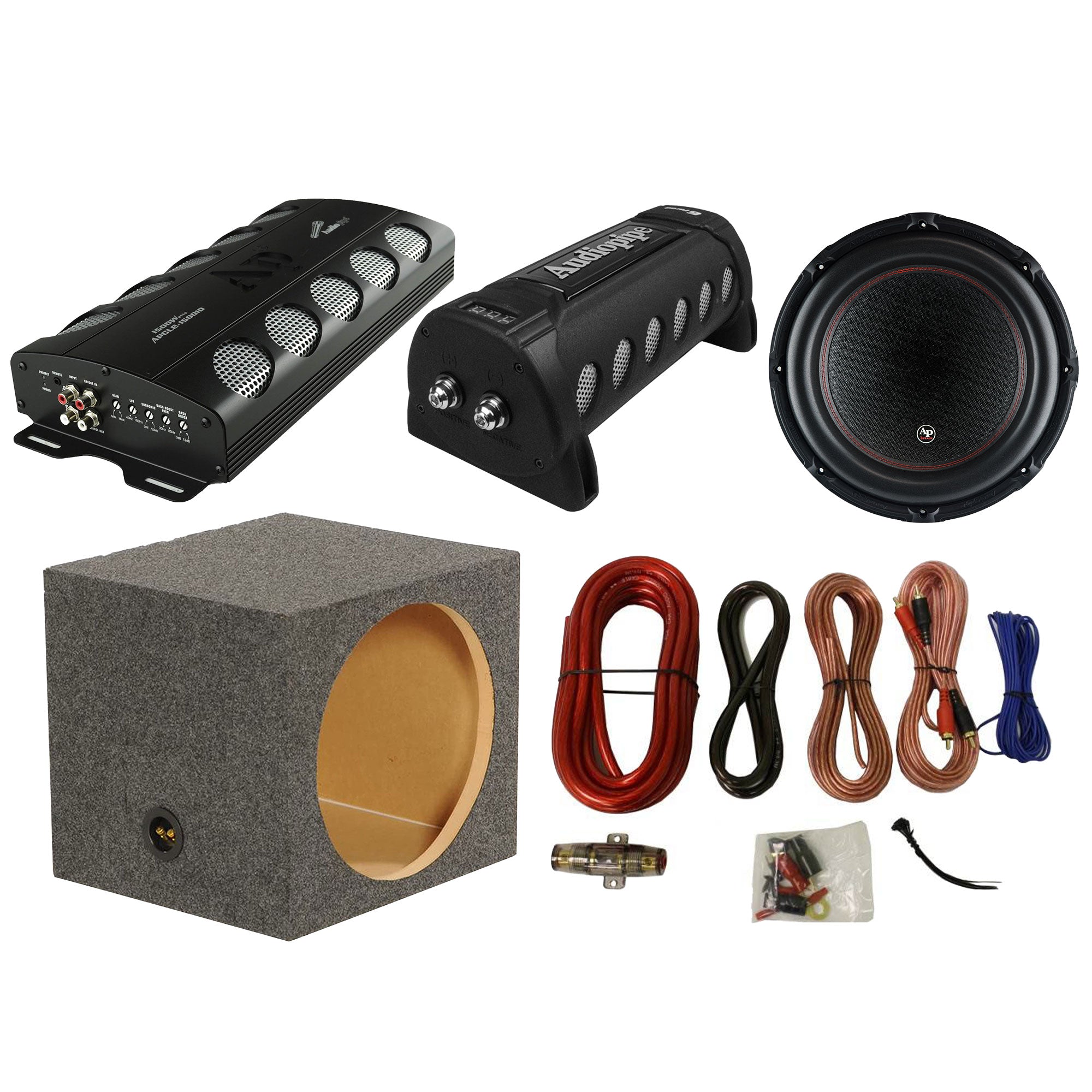 Audiopipe Amp, Capacitor, and 15in Subwoofer w/ QPower 15in Sub Box & Wiring Kit - VMInnovations