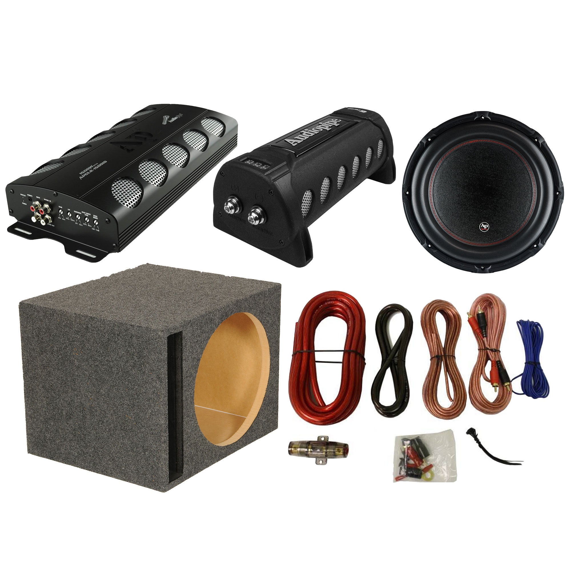 Audiopipe Amp, Capacitor, and 15 Inch Amp w/ QPower Vented Sub Box and Wire Kit - VMInnovations