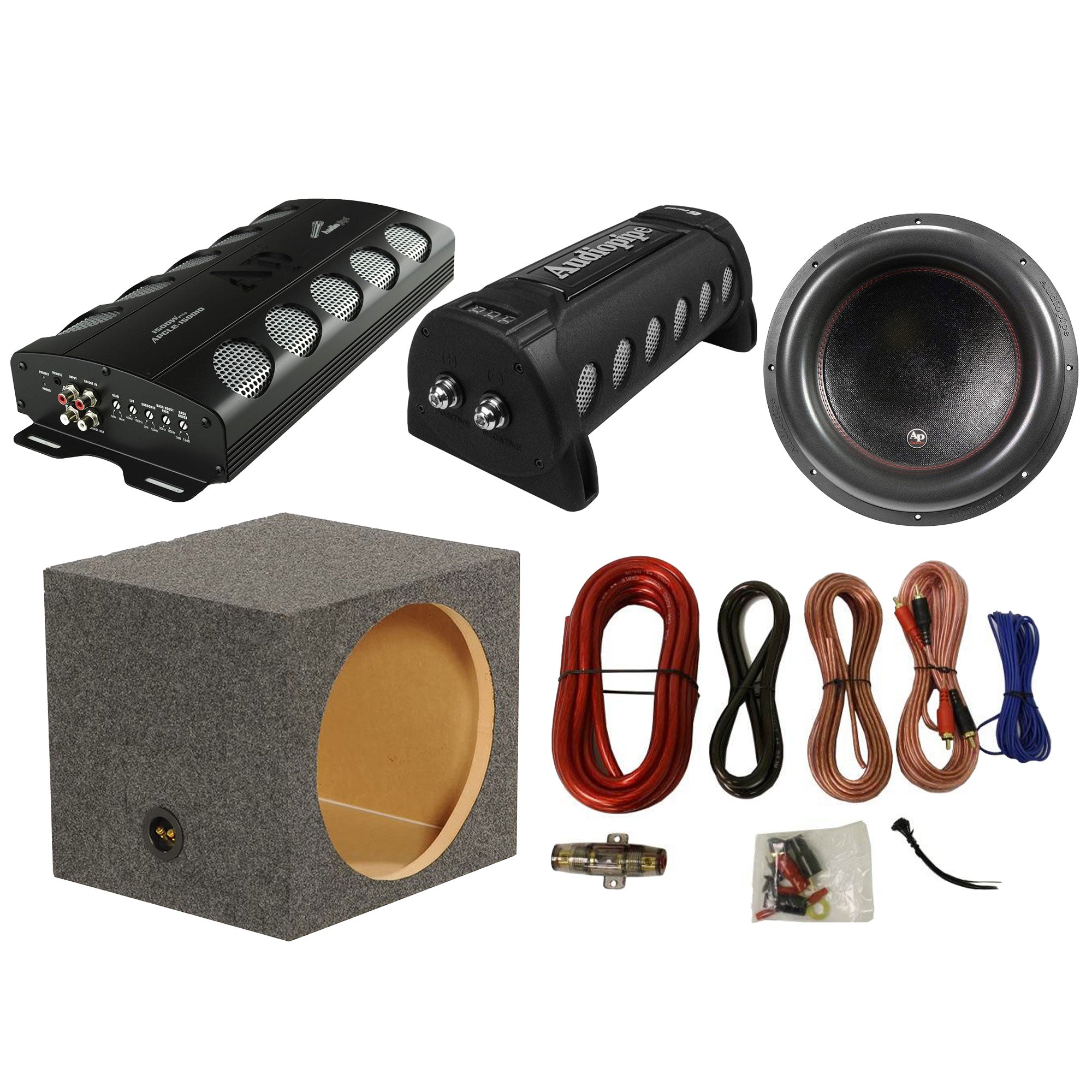 Audiopipe Amp, Capacitor, and Subwoofer w/ QPower 15 Inch Sub Box and Wiring Kit - VMInnovations