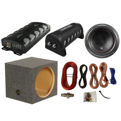 Audiopipe Amp, Capacitor, and Subwoofer w/ QPower 15 Inch Sub Box and Wiring Kit - VMInnovations