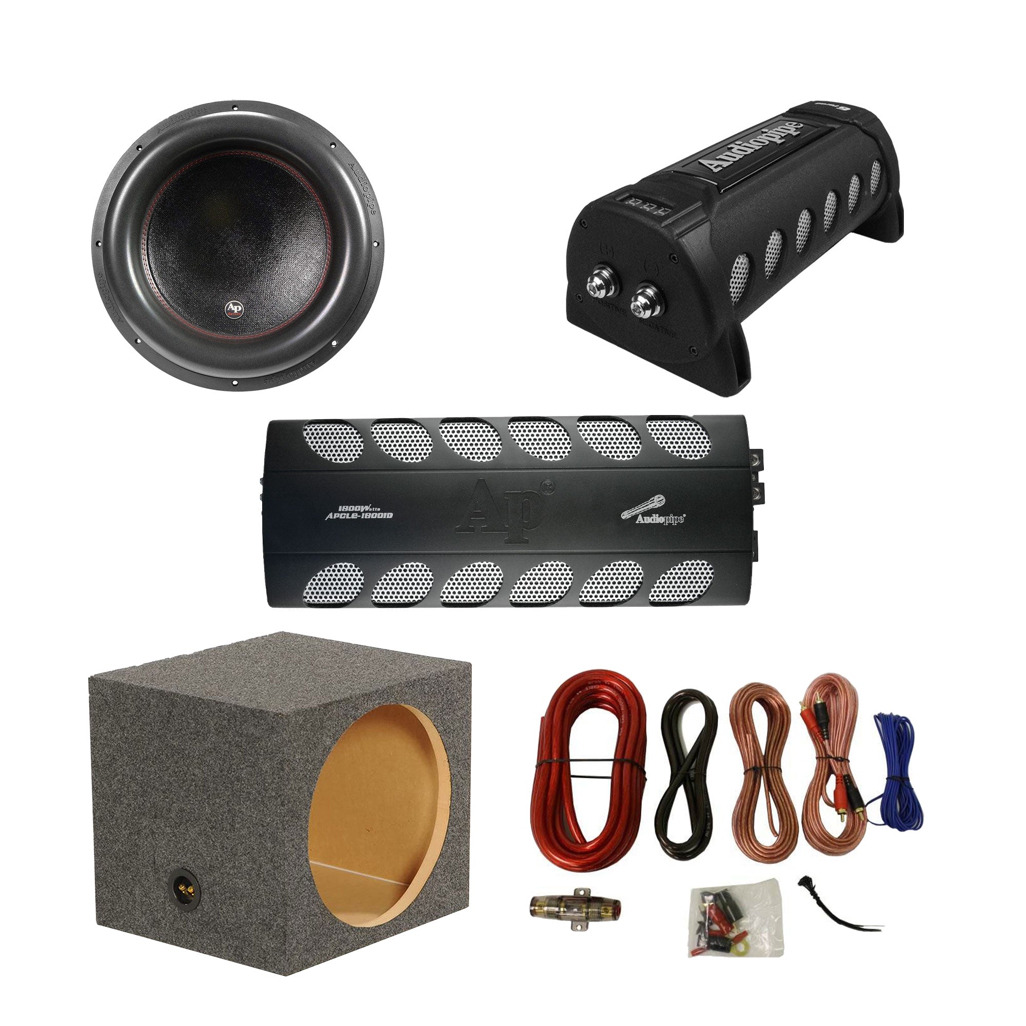 AudioPipe Car Amp w/Power Display, Subwoofer, QPower Woofer Box, & Wiring Kit - VMInnovations