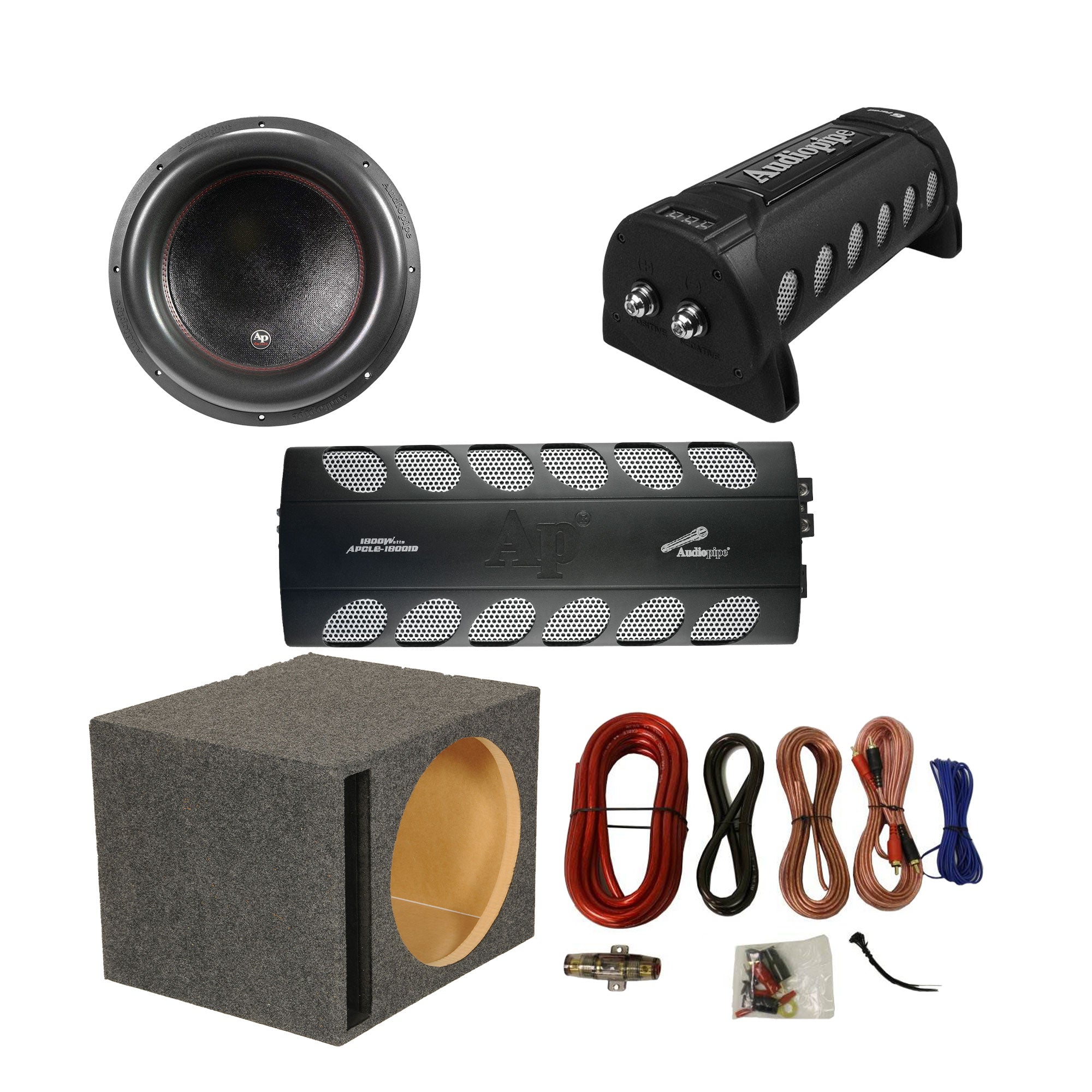 Audiopipe Amplifier, Capacitor, and 2800 W Subwoofer w/ QPower Box & Wiring Kit - VMInnovations