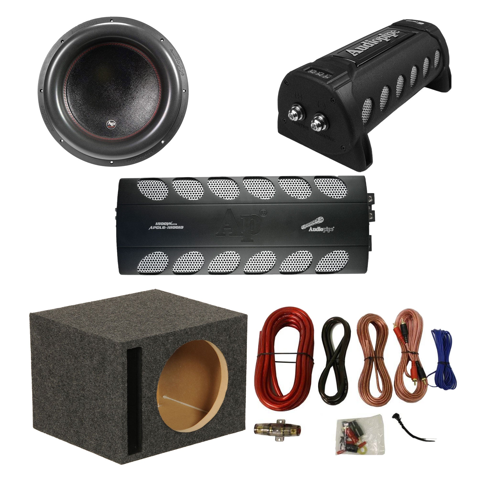 Audiopipe Car Amp, Capacitor, & 2200W Subwoofer w/ QPower Sub Box & Wiring Kit - VMInnovations