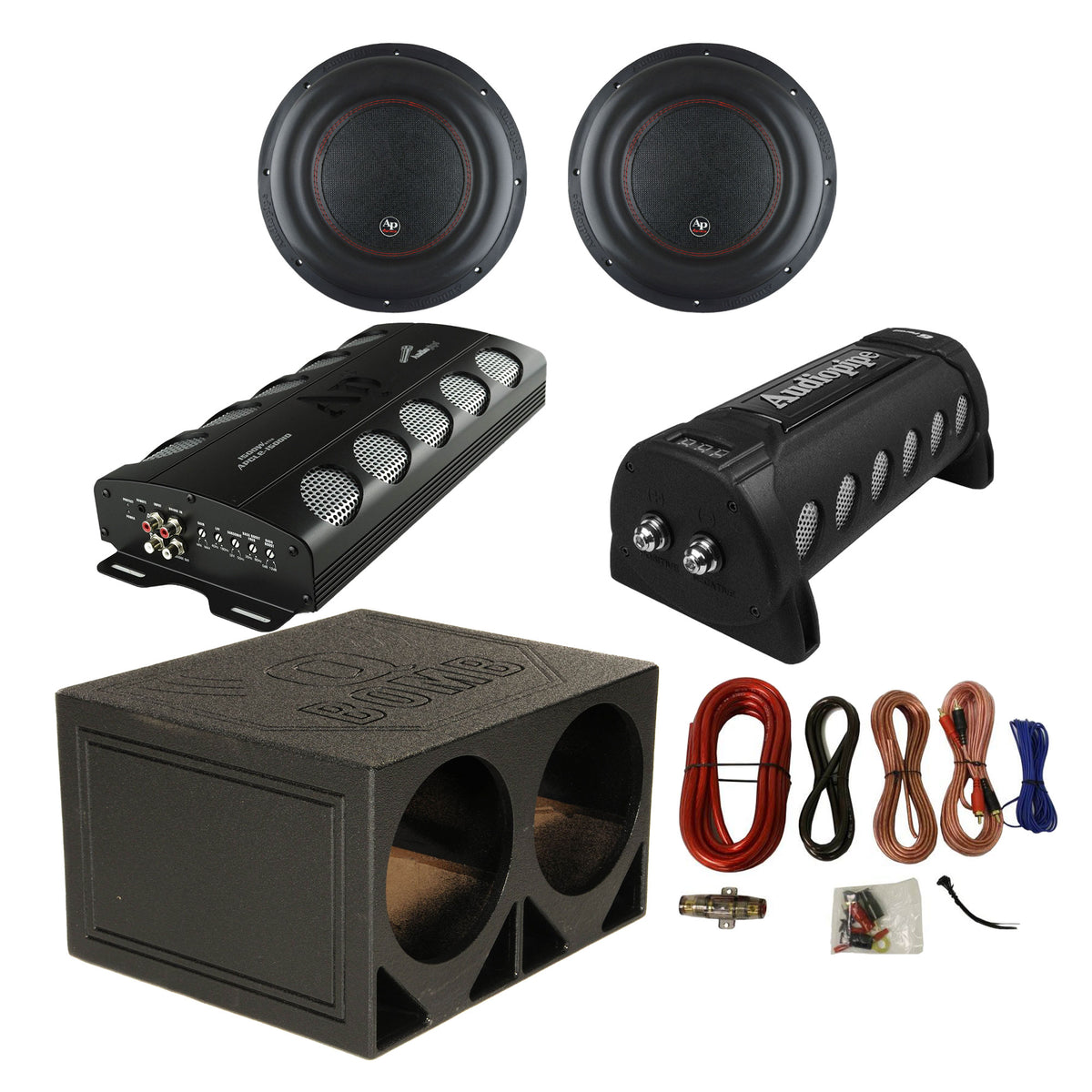 Audiopipe Car Stereo Amplifier w/ Capacitor, 2 Subwoofers, Sub Box, & Wire Kit