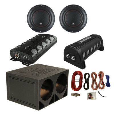 Audiopipe Car Stereo Amplifier w/ Capacitor, 2 Subwoofers, Sub Box, & Wire Kit - VMInnovations