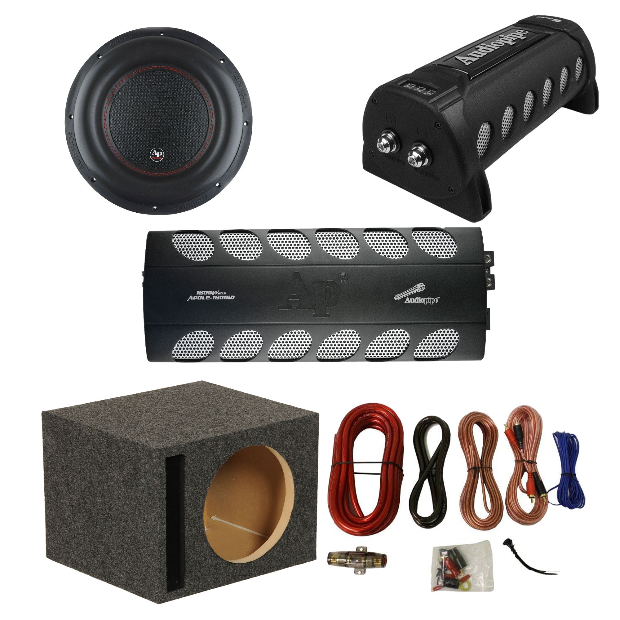 Audiopipe Car Amp, Capacitor, and 2,200 W Sub with QPower Sub Box and Wiring Kit - VMInnovations