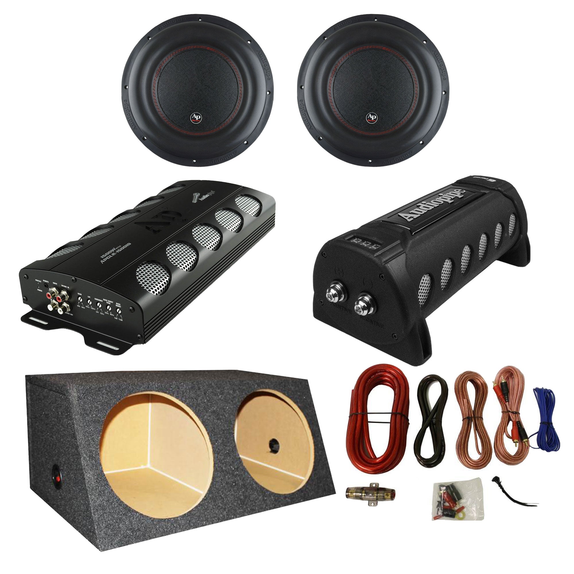 Audiopipe Car Stereo Amplifier w/ Capacitor, 2 Subwoofers, Sub Box, & Wire Kit