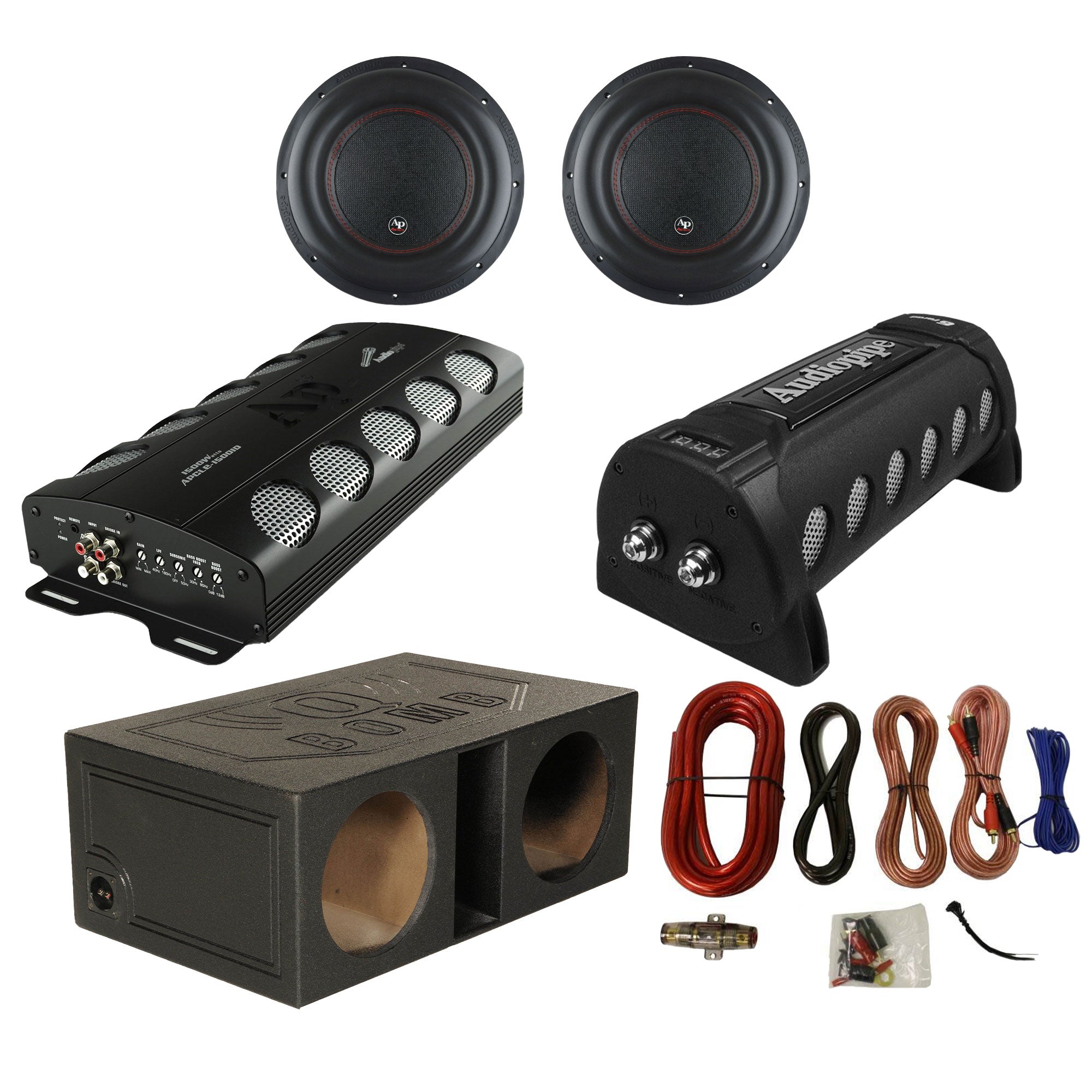 Audiopipe Car Stereo Amplifier w/ Capacitor, 2 Subwoofers, Sub Box, & Wire Kit - VMInnovations