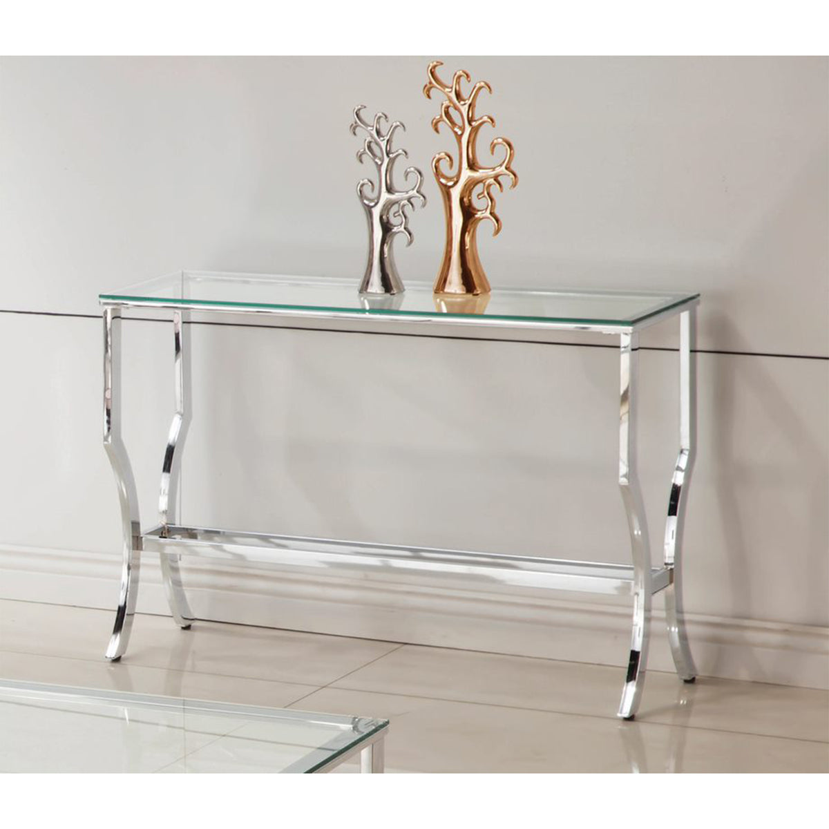 Coaster Home Furniture Essence Rectangular Sofa Table w/ Mirrored Shelf, Chrome