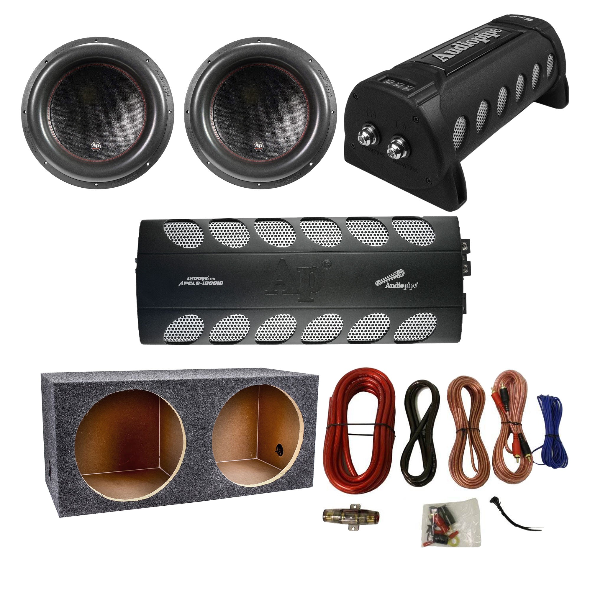 Audiopipe Amp, Capacitor, and 2800W Sub 2 Pack w/ QPower Sub Box and Wiring Kit - VMInnovations