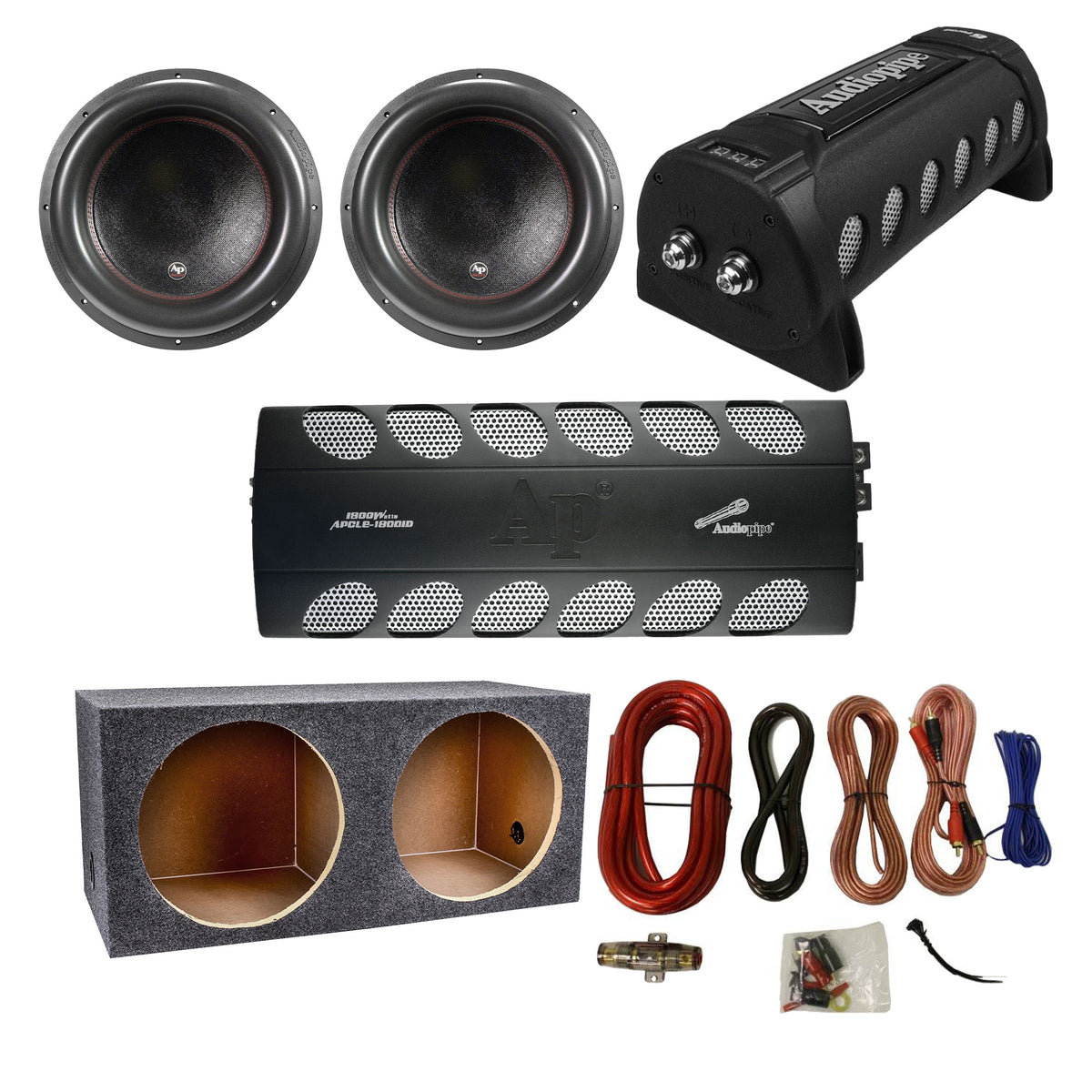 Audiopipe Amp, Capacitor, and 2800W Sub 2 Pack w/ QPower Sub Box and Wiring Kit