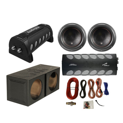 AudioPipe Amp, Capacitor, & 2800W Subwoofer 2 Pack w/ QPower Sub Box & Wire Kit - VMInnovations
