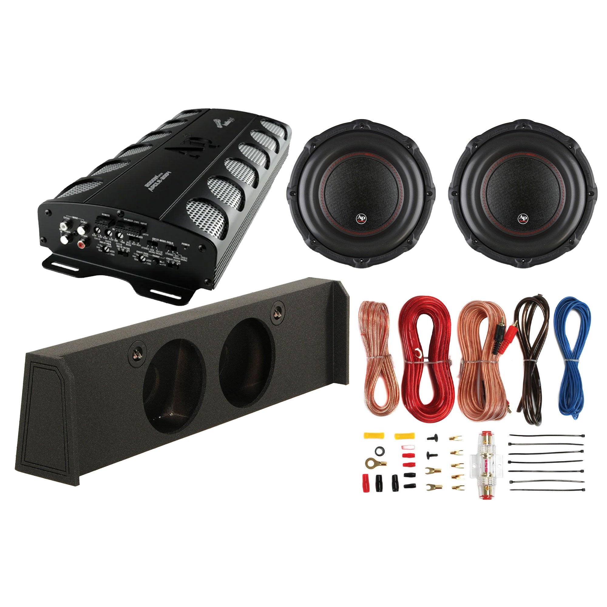 AudioPipe Amplifier, Subwoofer (2 Pack), QPower Enclosure, & Soundstorm Wire Kit - VMInnovations