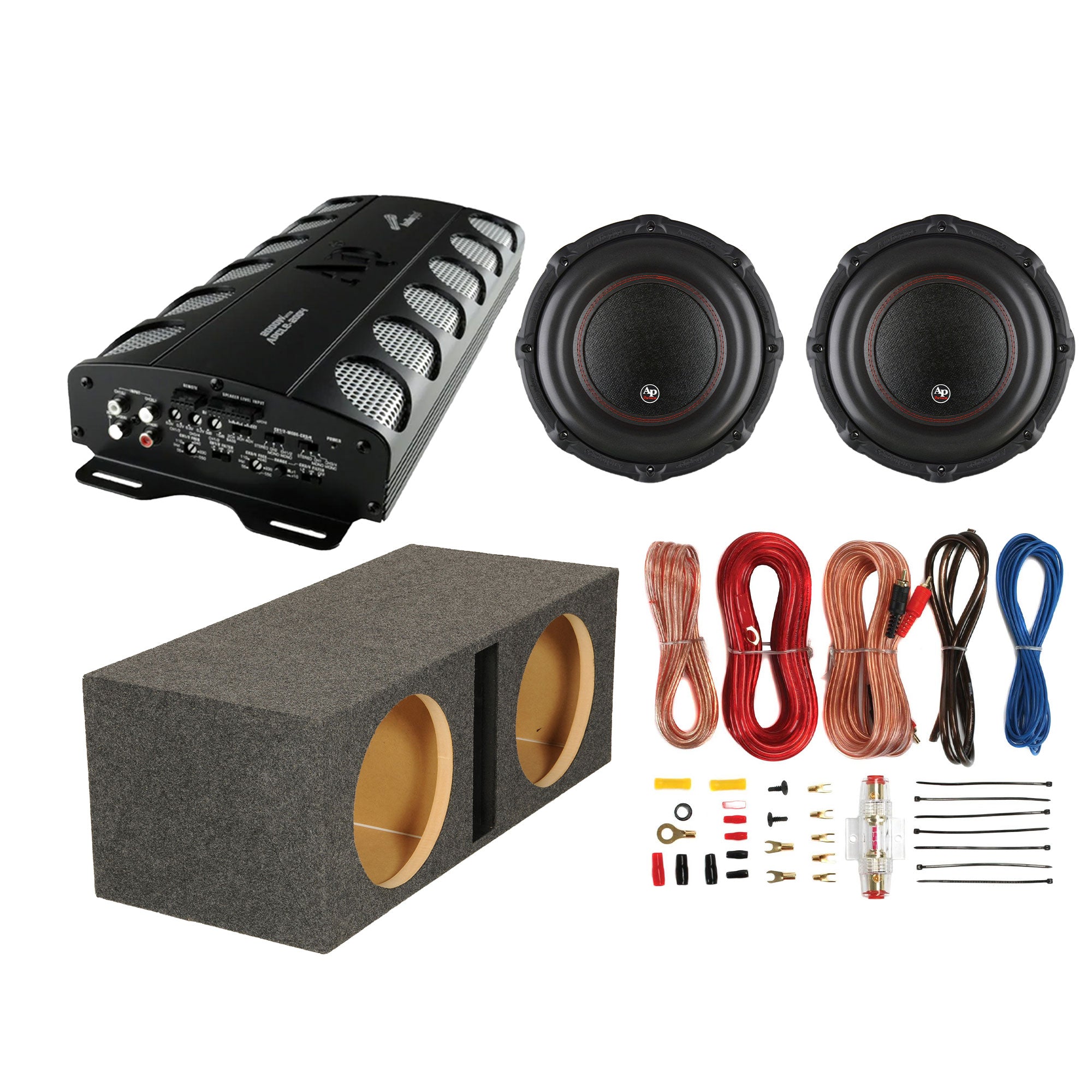 AudioPipe Amp and 12 In Subwoofer 2 Pack w/ QPower Sub Box & Soundstorm Wire Kit - VMInnovations