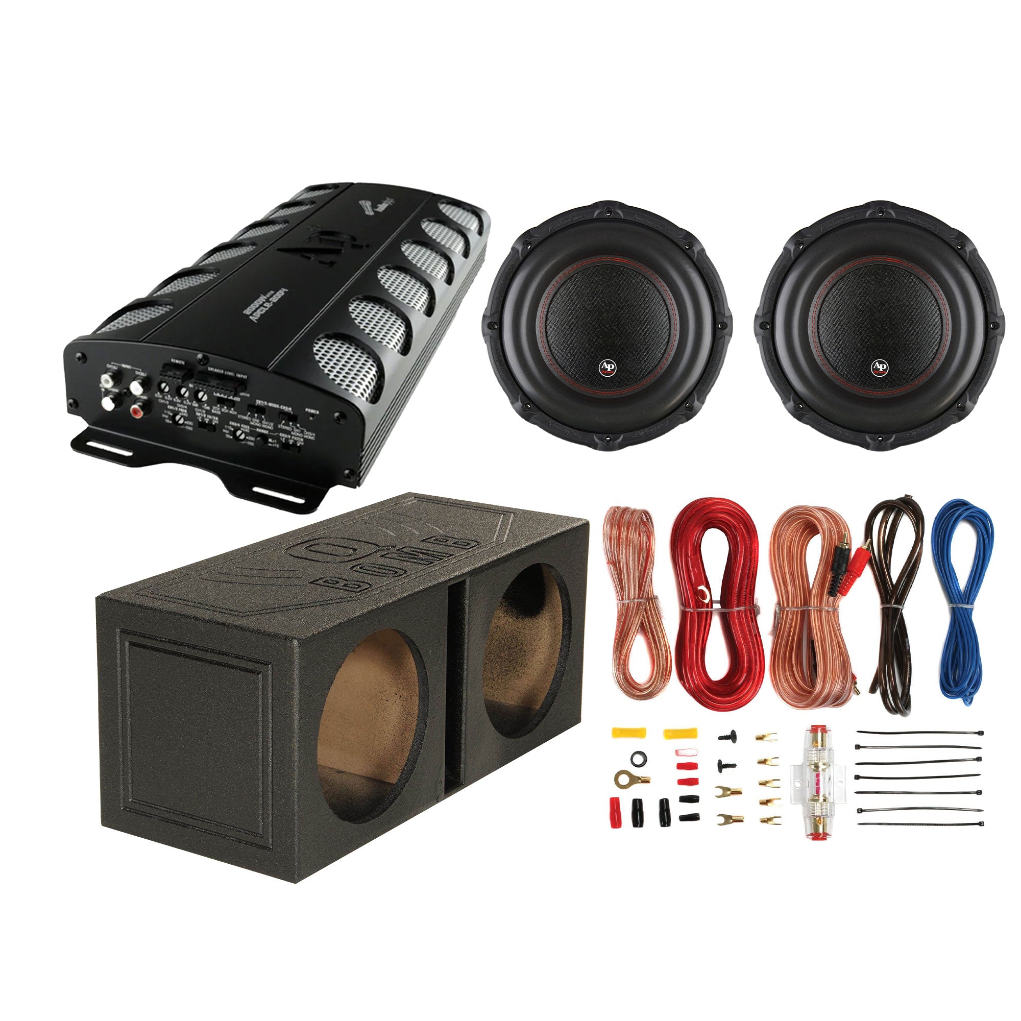 AudioPipe Amp and 12 In Subwoofer 2 Pack, QPower Sub Box, & Soundstorm Wire Kit - VMInnovations
