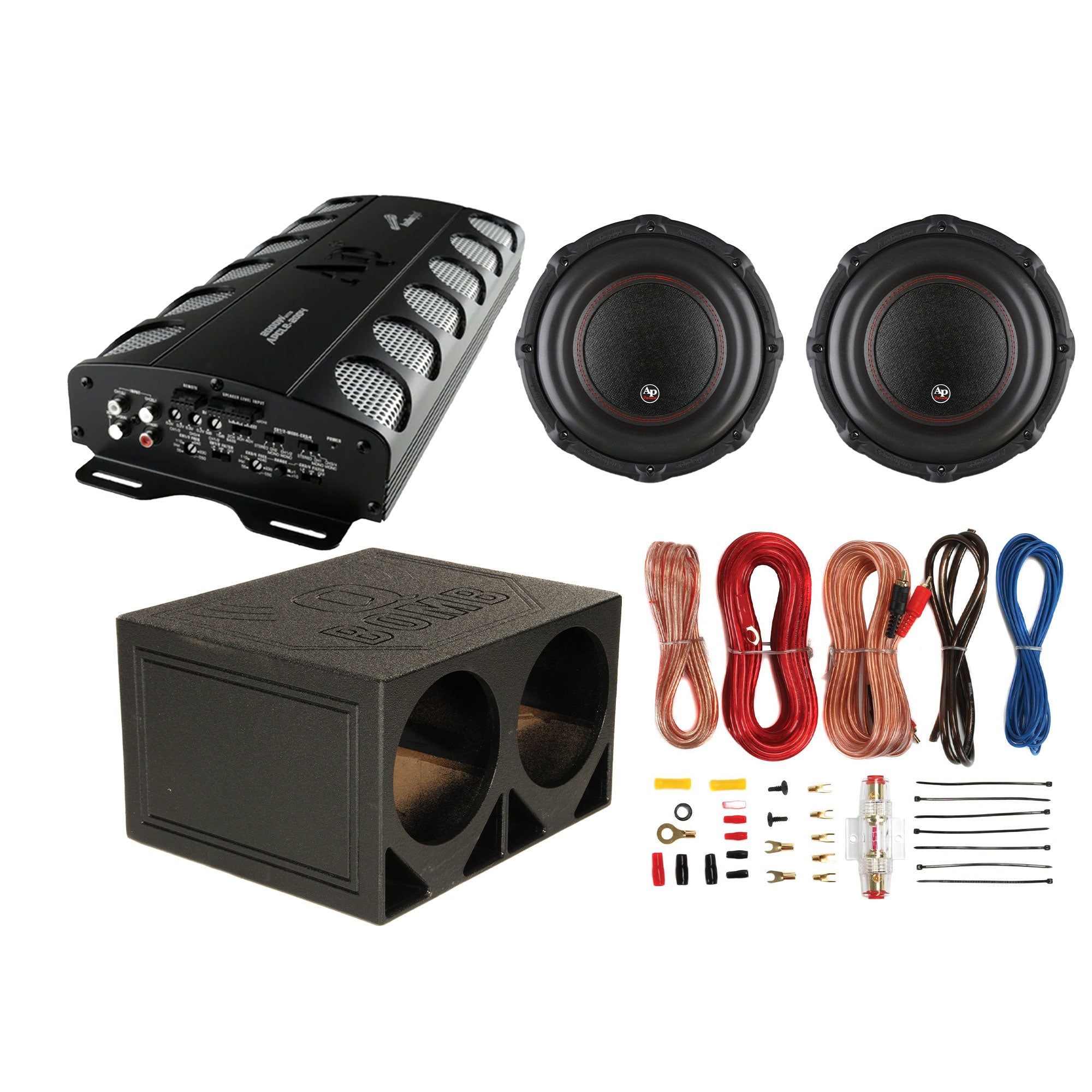 AudioPipe AB Amp & 12" Sub 2 Pack w/ QPower Dual 12" Box & Soundstorm Wire Kit - VMInnovations
