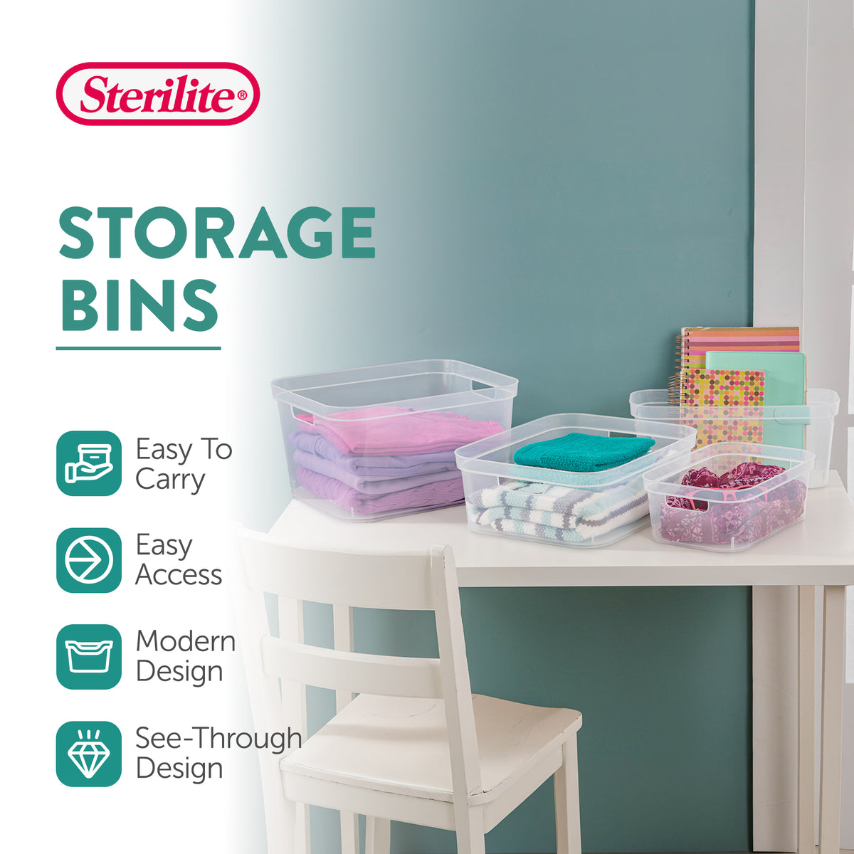 Sterilite 5.25 x 12 x 15 Inch Storage Bin w/ Carry Through Handles, Clear, 8 Ct