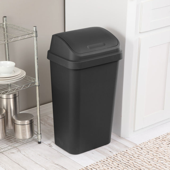 Sterilite 13 Gal Kitchen Swing Top Lidded Wastebasket Trash Can, Black (8 Pack)