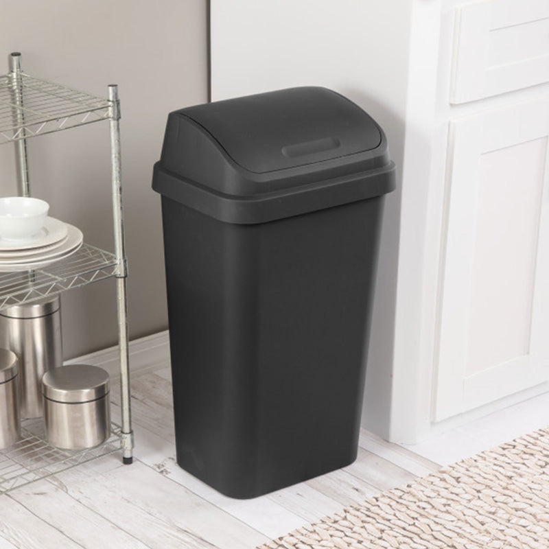 Sterilite 13 Gal Kitchen Swing Top Lidded Wastebasket Trash Can, Black (16 Pack)