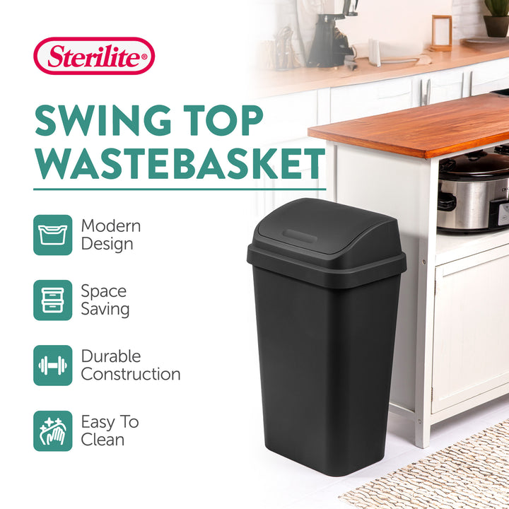 Sterilite 13 Gallon Swing Top Lidded Wastebasket Kitchen Trash Can, Black 4 Pack