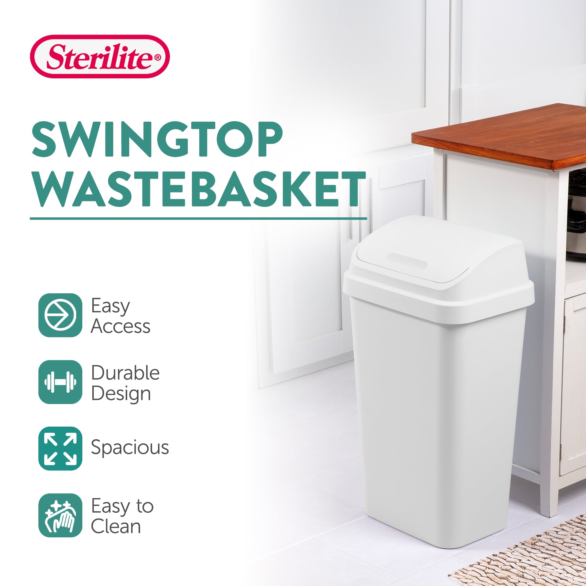 Sterilite 13 Gal Swing Top Lidded Wastebasket Kitchen Trash Can, White (8 Pack)