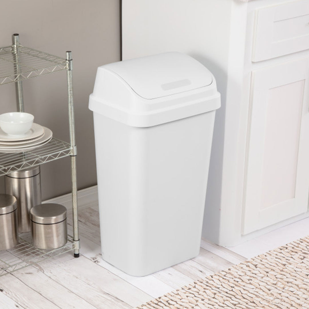 Sterilite 13 Gal Swing Top Lidded Wastebasket Kitchen Trash Can, White (8 Pack)