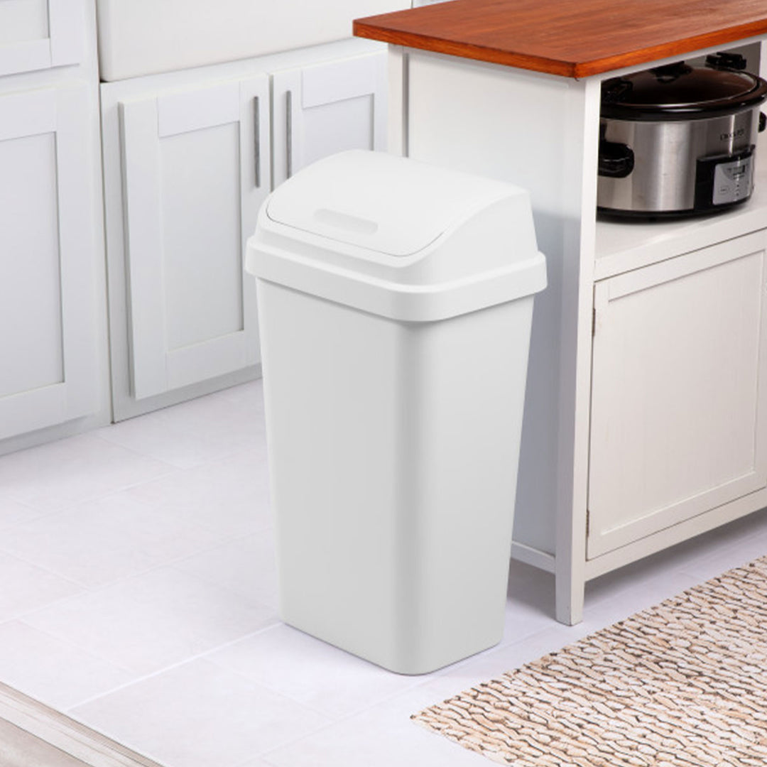 Sterilite 13 Gal Swing Top Lidded Wastebasket Kitchen Trash Can, White (8 Pack)