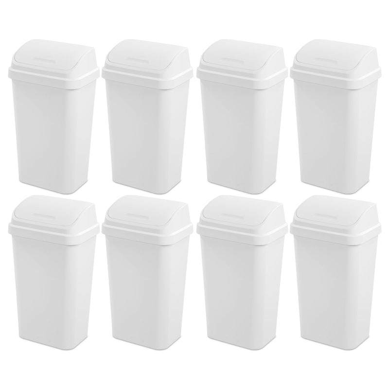Sterilite 13 Gal Swing Top Lidded Wastebasket Kitchen Trash Can, White (8 Pack)