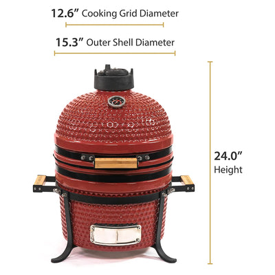 VESSILS 15 Inch Kamado Barbecue Charcoal Grill with Built-In Thermometer, Red