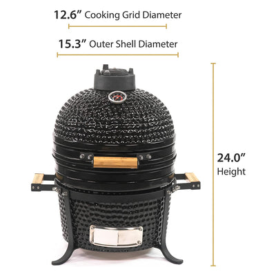 VESSILS 15 Inch Kamado Barbecue Charcoal Grill with Built-In Thermometer, Black