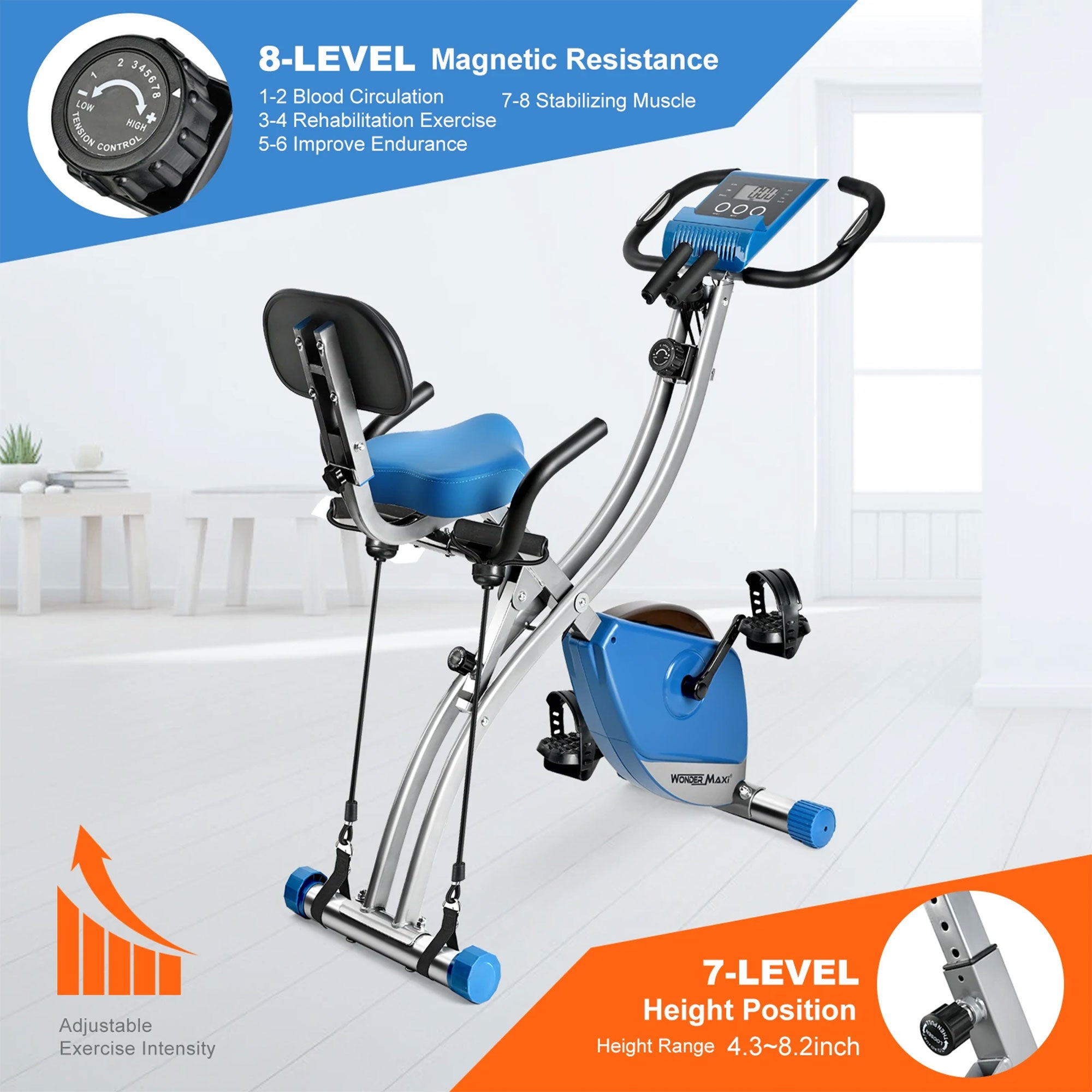Wonder Maxi Folding Magnetic Indoor Exercise Bike with Arm Resistance Bands - VMInnovations