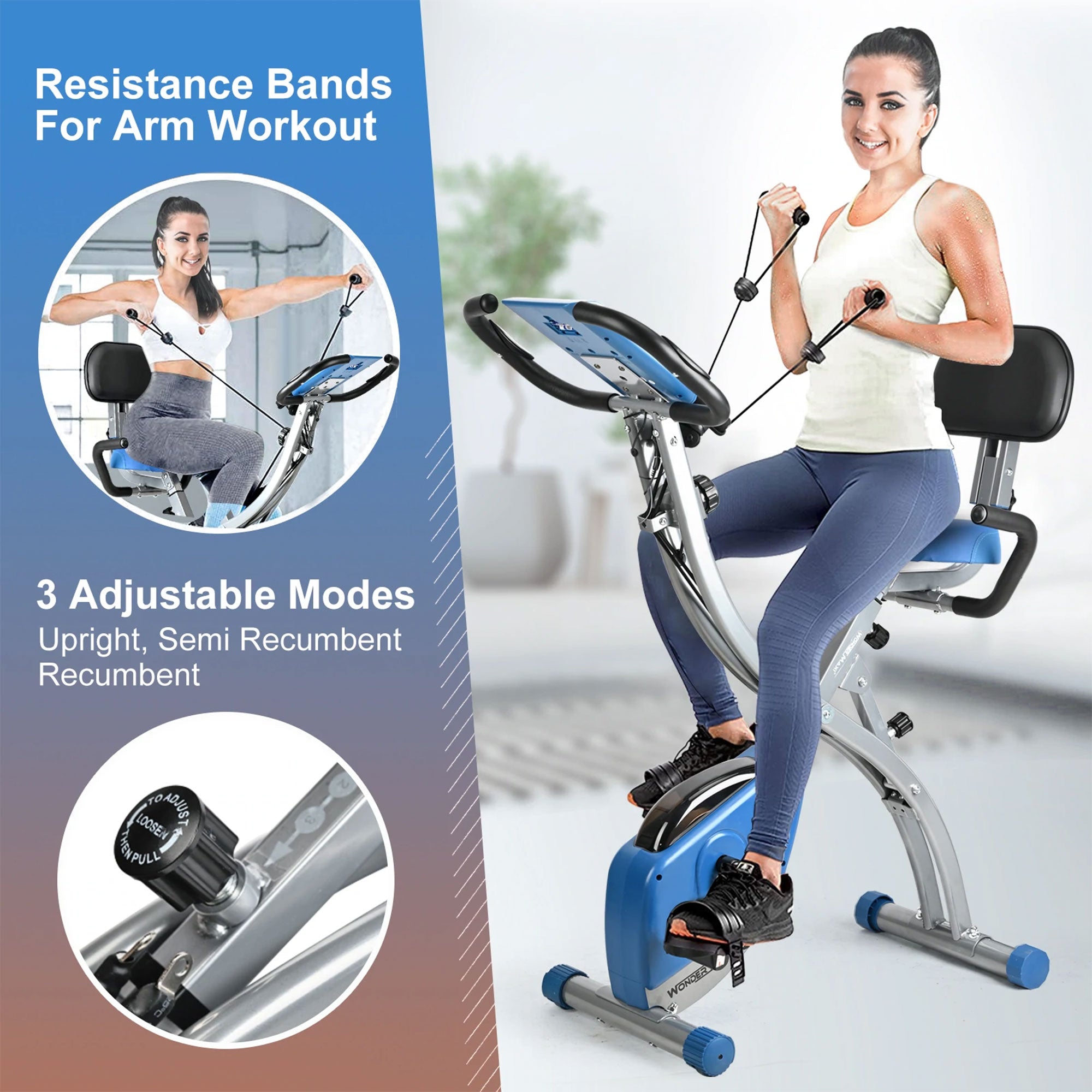 Wonder Maxi Folding Magnetic Indoor Exercise Bike with Arm Resistance Bands - VMInnovations