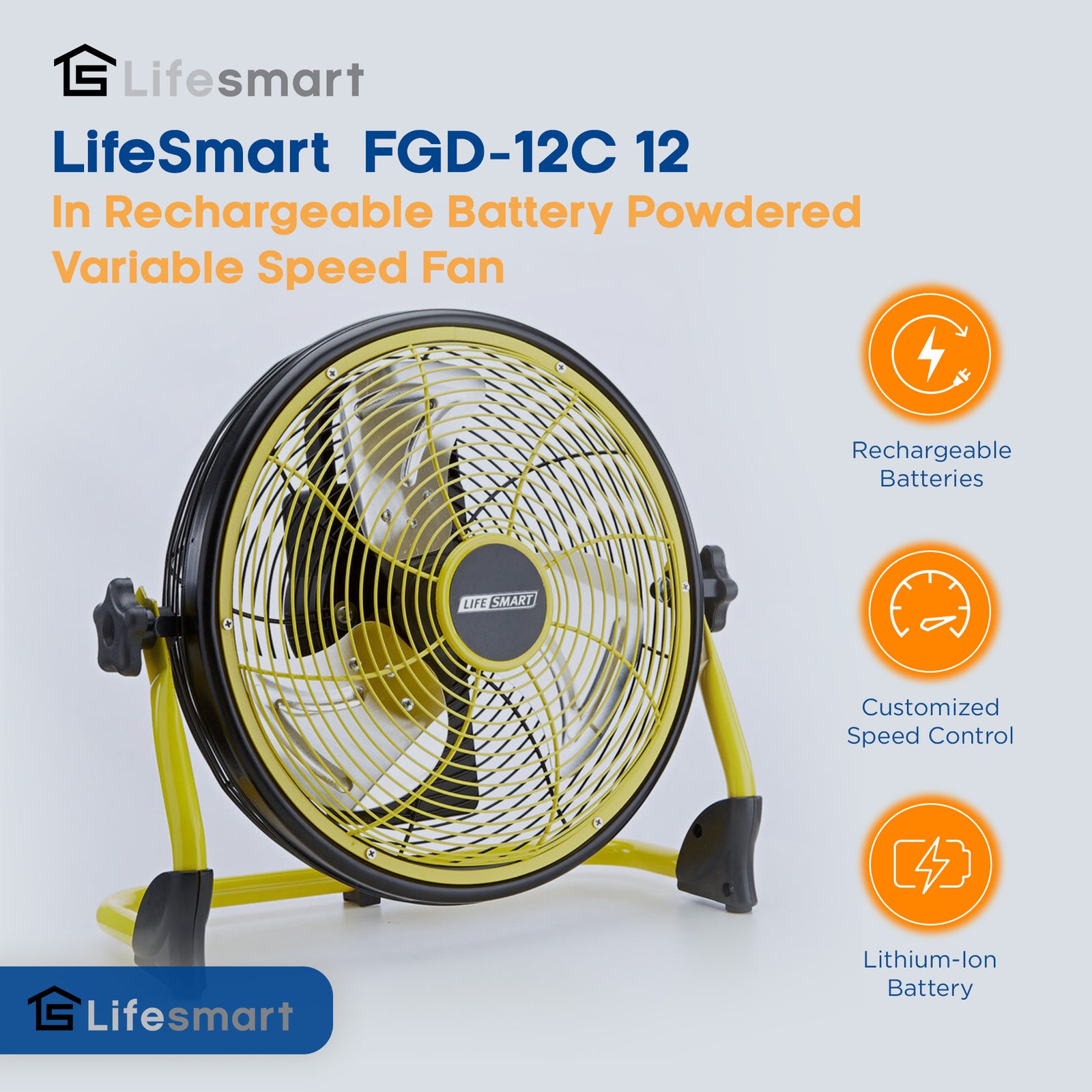 Lifesmart FGD-12C 12 In Rechargeable Battery Powdered Variable Speed Fan, Yellow - VMInnovations