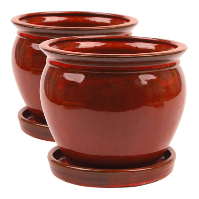 Southern Patio Wisteria 12 Inch Ceramic Planter Pot with Saucer, Red (2 Pack)